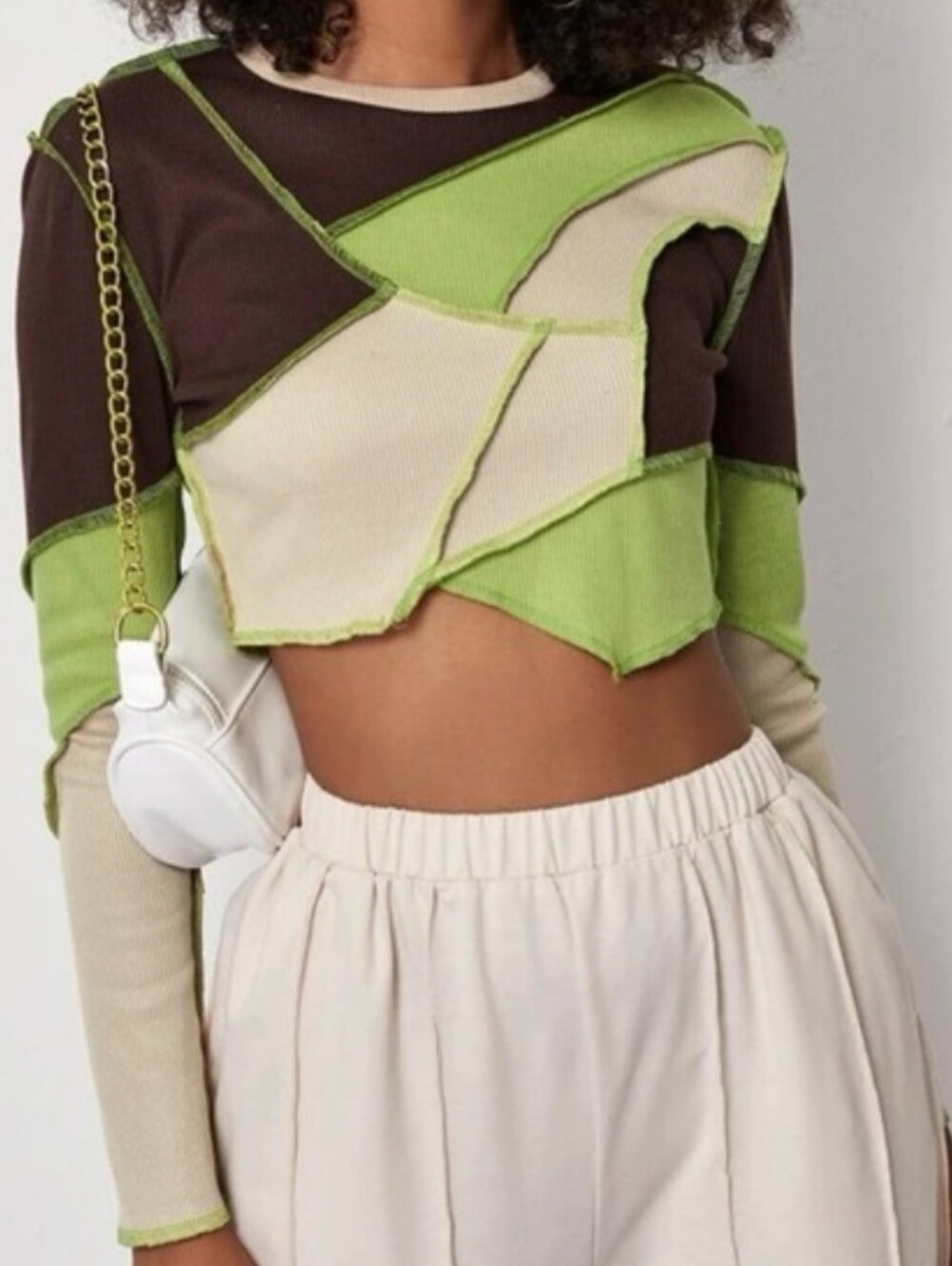 SHEIN green, brown, and cream insideout stitch long sleeve shirt size la…